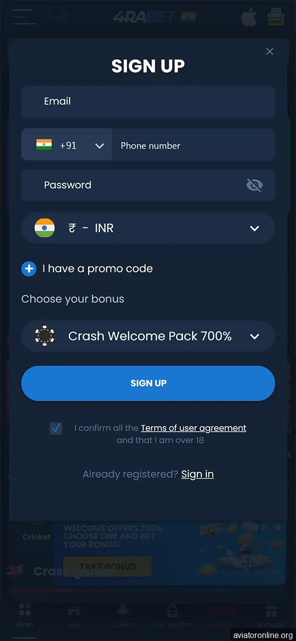 Create an account on the casino site to start playing Aviator.