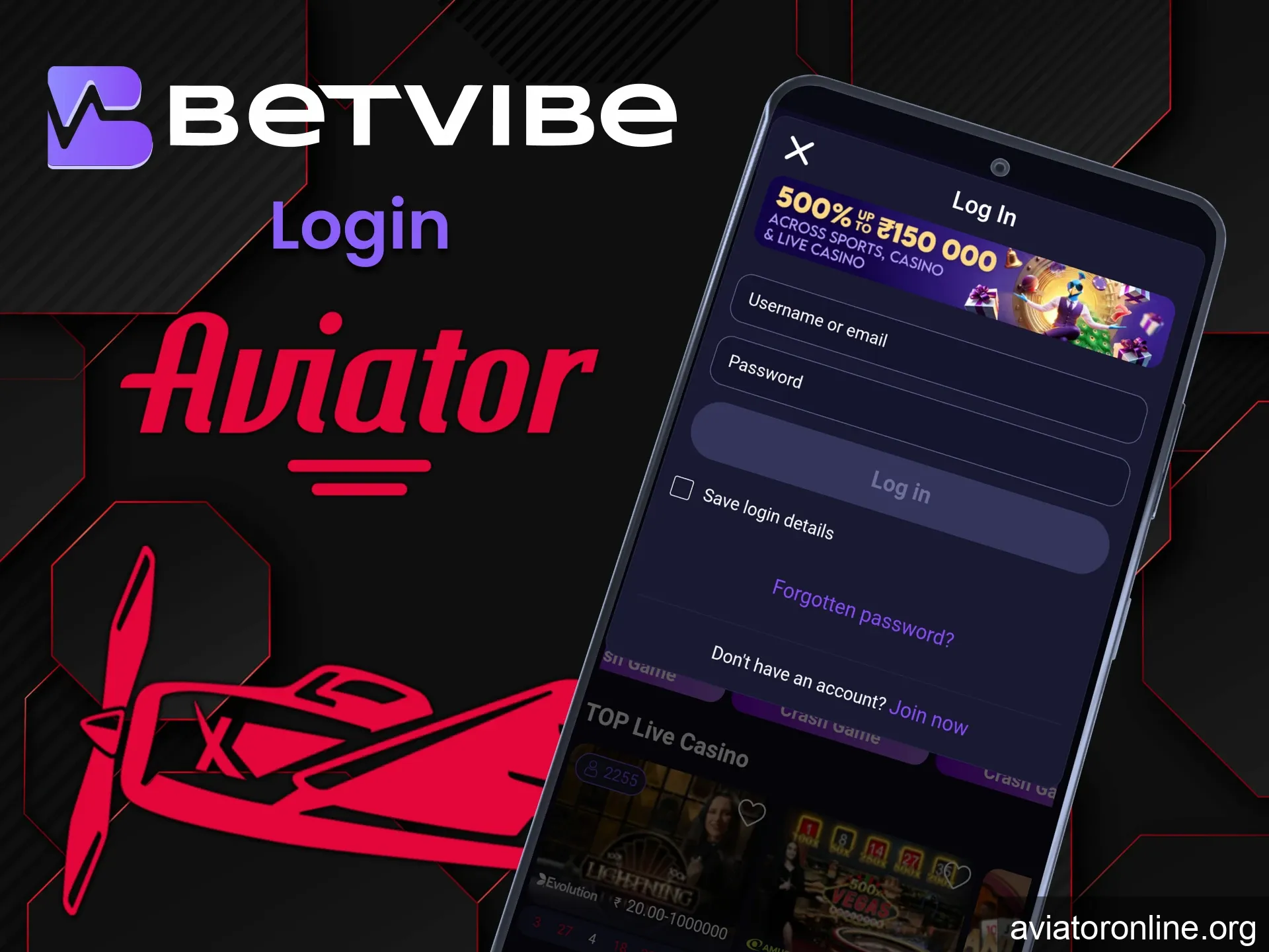 Log in to your personal BETVIBE app account to play Aviator.