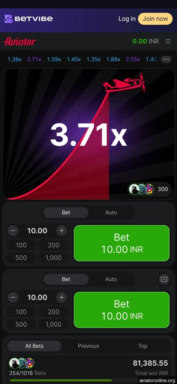 Launch the Aviator game in the BETVIBE app.