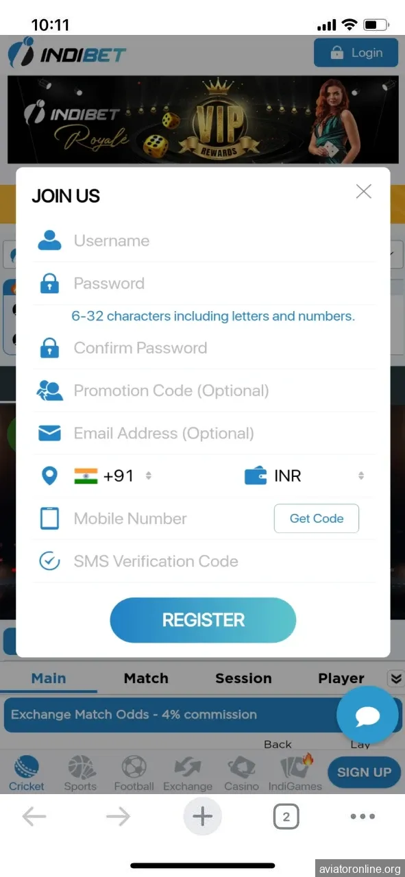 Sign up with Indibet to play Aviator on iOS.
