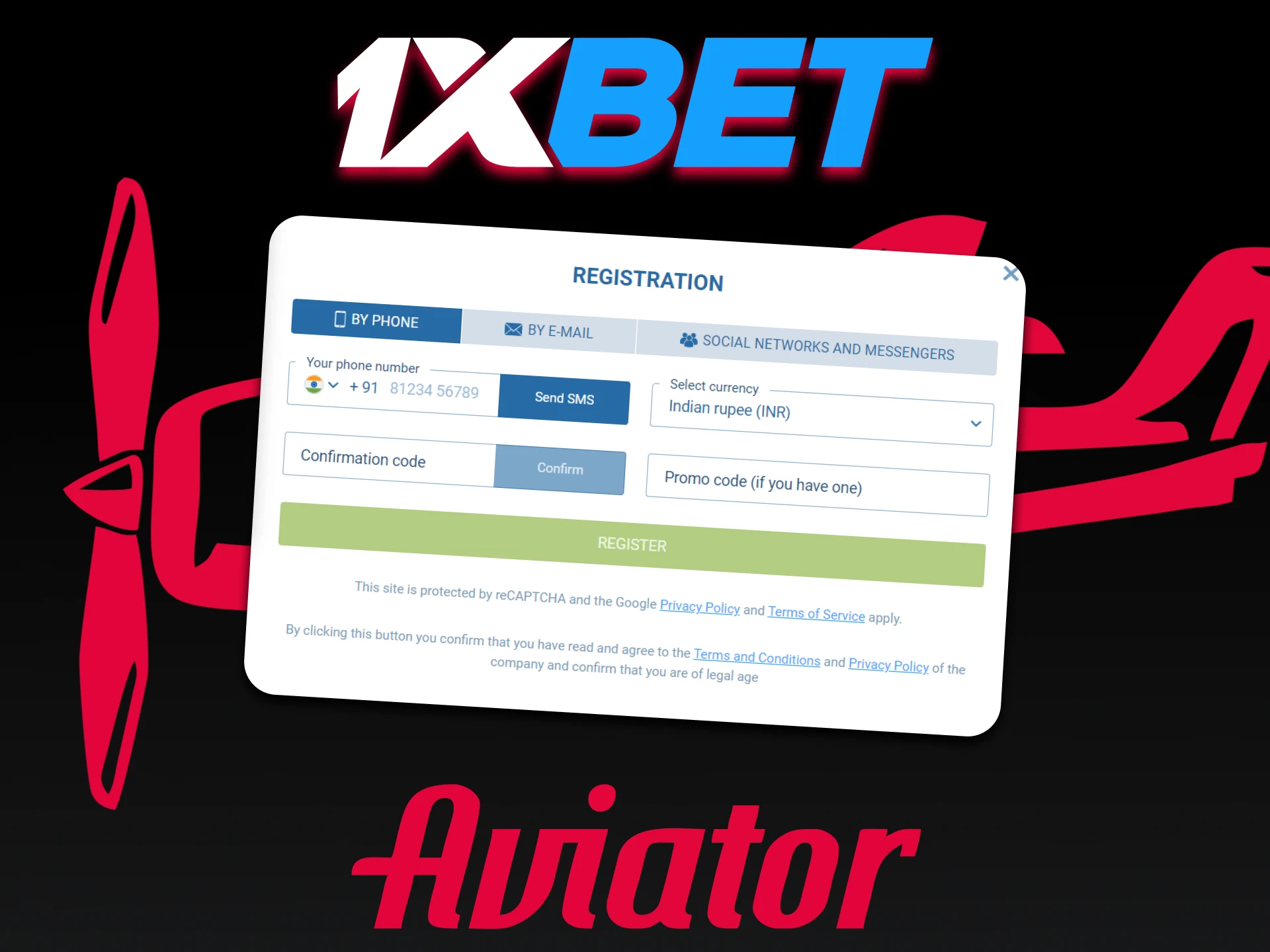 Go through the registration process at 1xBet to play Aviator.