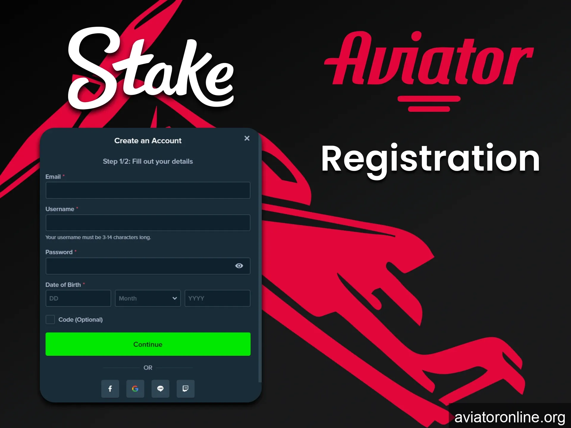 Register for Stake to play Aviator.